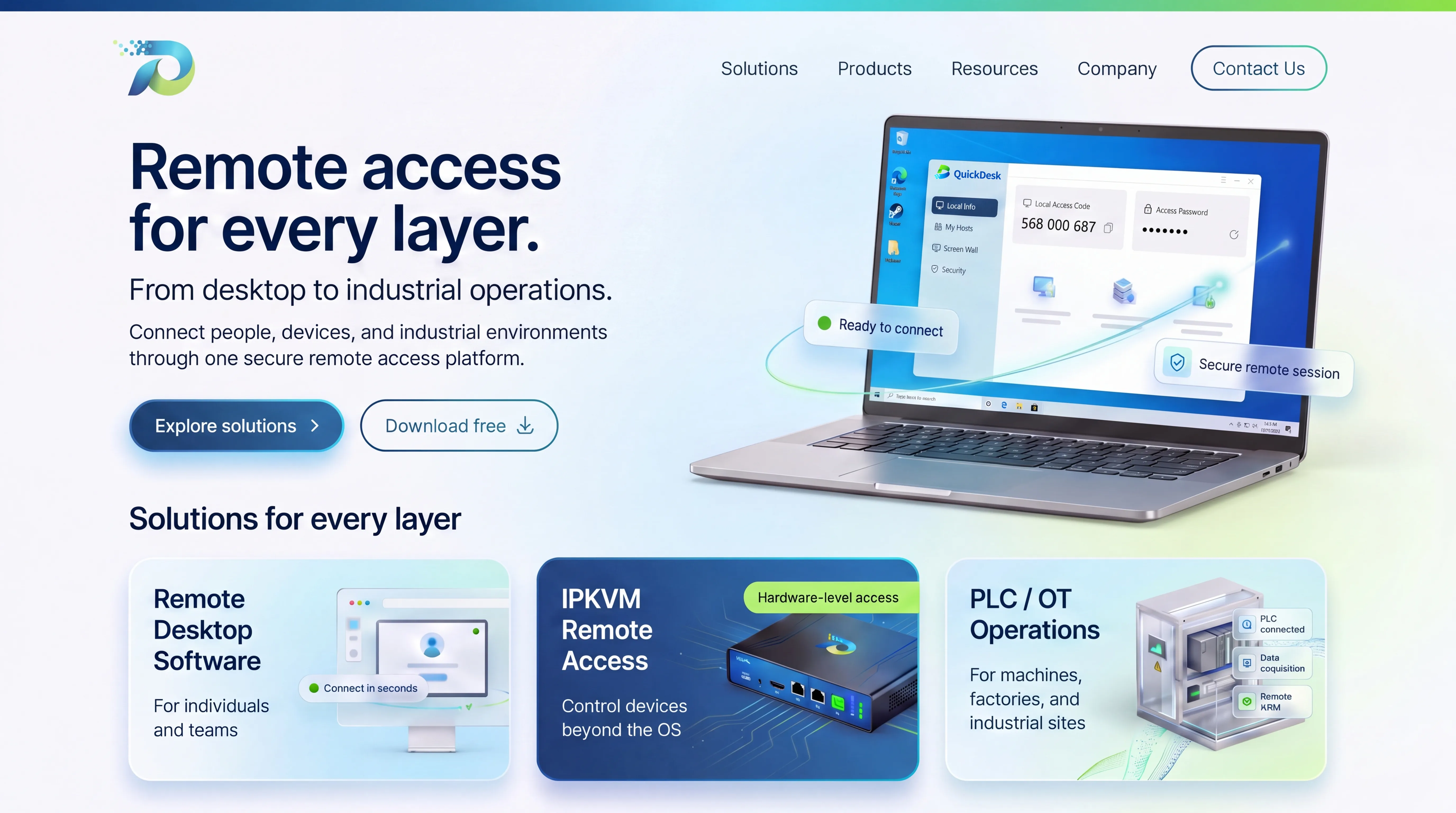 QuickDesk homepage showing remote desktop, IPKVM remote access, and PLC and OT operations