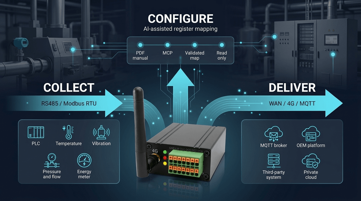 QuickDesk ATU Modbus RTU उपकरण डेटा कलेक्ट करता है, AI के साथ रजिस्टर मैपिंग कॉन्फ़िगर करता है, और 4G और MQTT के माध्यम से डिलीवर करता है