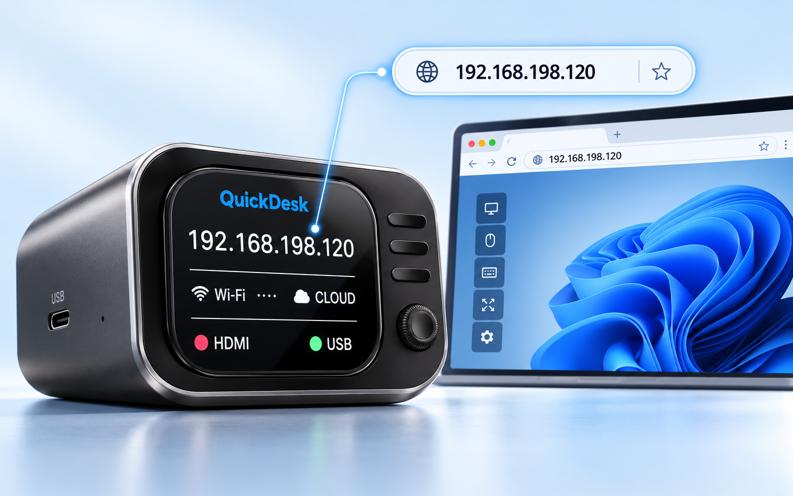Close-up of the QuickDesk Mini display with example IP 192.168.198.120 matching the browser address bar, illustrating local network remote control by entering the displayed IP